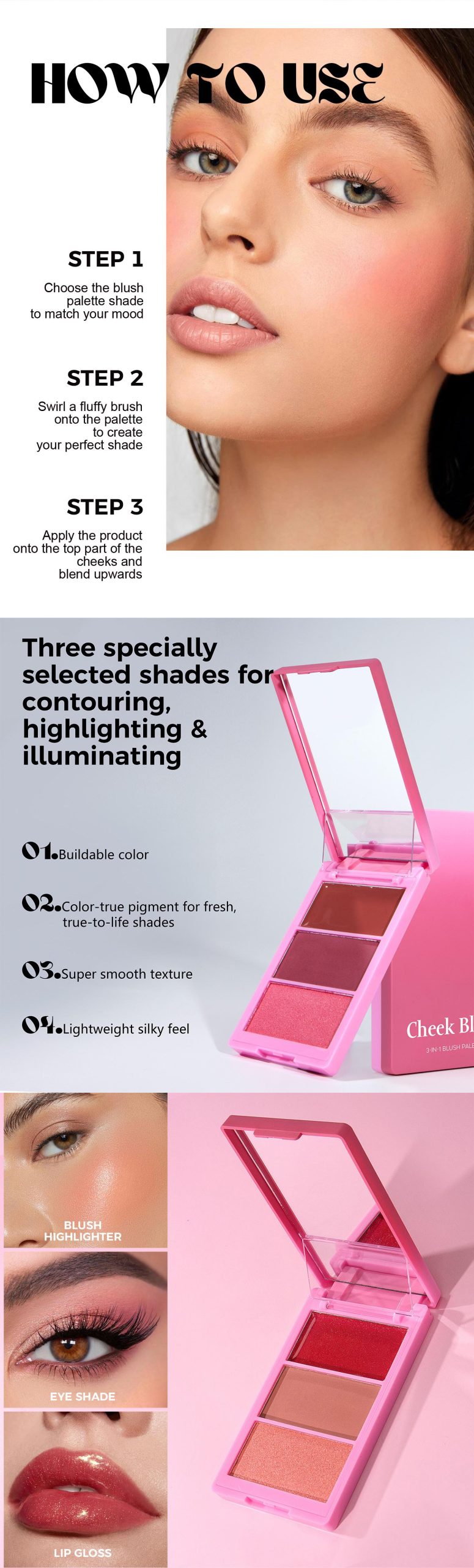 图片[2]-Custom Private Label 3 in 1 Concealer Highlighter Blusher Powder Cream Long Lasting High Pigment Blush Palette