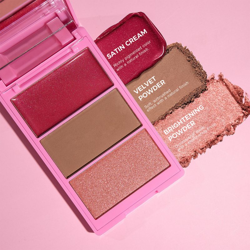 Custom Private Label 3 in 1 Concealer Highlighter Blusher Powder Cream Long Lasting High Pigment Blush Palette-Guangzhou Dikou Cosmetics Co.,Ltd